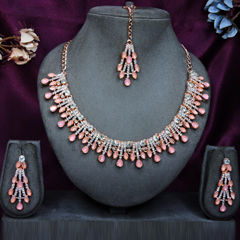 Gold Rodium Polish Pink and Majenta color Necklace in Metal Alloy studded with CZ Diamond