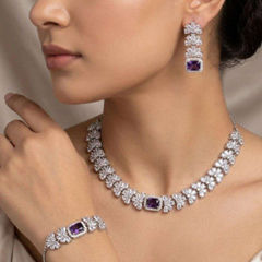 Gold Rodium Polish Purple and Violet color Necklace in Metal Alloy studded with Austrian diamond