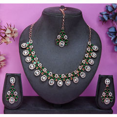 Gold Rodium Polish Green color Necklace in Metal Alloy studded with CZ Diamond