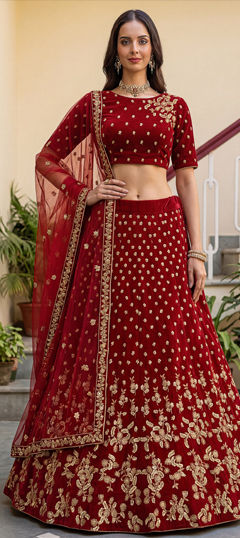 Red and Maroon color Lehenga in Velvet fabric with Sequence, Thread, Zari work
