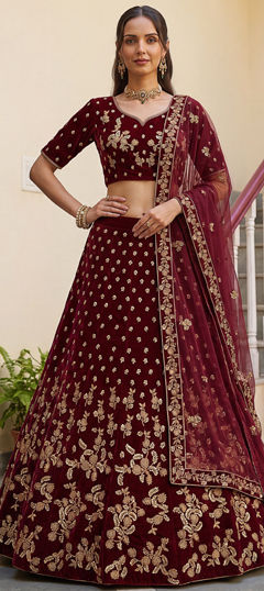 Red and Maroon color Lehenga in Velvet fabric with Sequence, Thread, Zari work