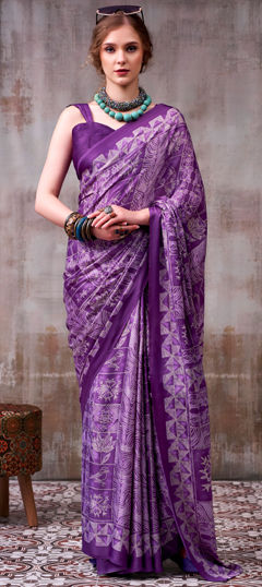 Purple and Violet color Saree in Satin Silk fabric with Printed work