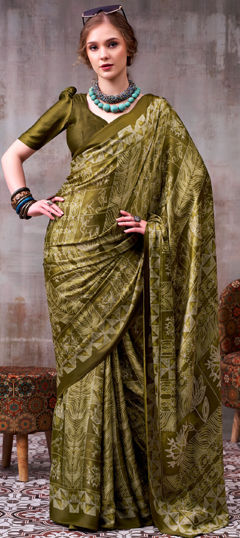 Green color Saree in Satin Silk fabric with Printed work