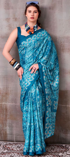 Blue color Saree in Satin Silk fabric with Printed work
