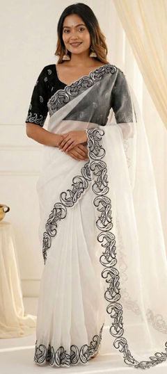 White and Off White color Saree in Crushed Silk fabric with Embroidered work