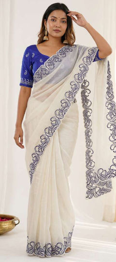 White and Off White color Saree in Crushed Silk fabric with Embroidered work