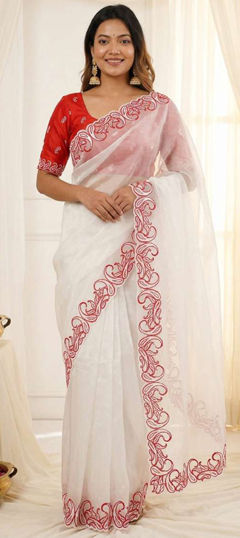 White and Off White color Saree in Crushed Silk fabric with Embroidered work