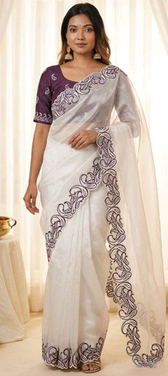 White and Off White color Saree in Crushed Silk fabric with Embroidered work