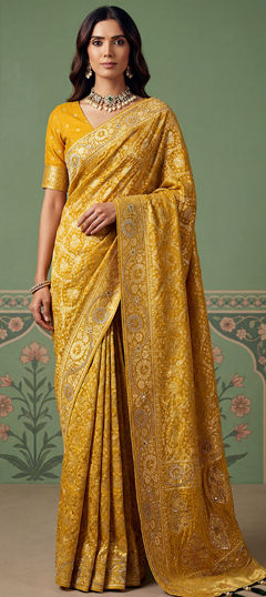 Yellow color Saree in Pashmina fabric with Weaving, Zari work