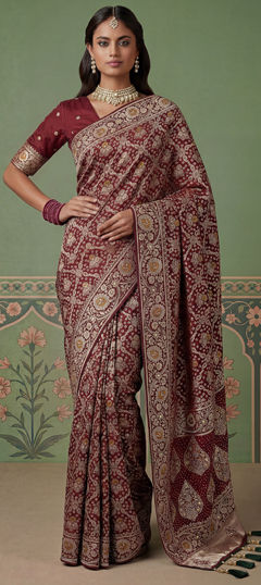 Red and Maroon color Saree in Pashmina fabric with Weaving, Zari work