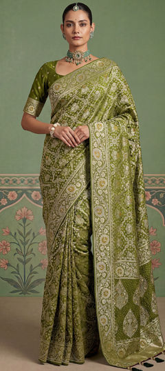 Green color Saree in Pashmina fabric with Weaving, Zari work