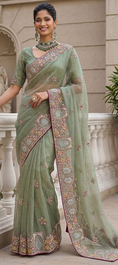 Green color Saree in Organza Silk fabric with Embroidered work