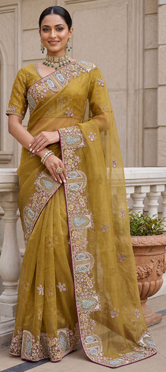 Yellow color Saree in Organza Silk fabric with Embroidered work