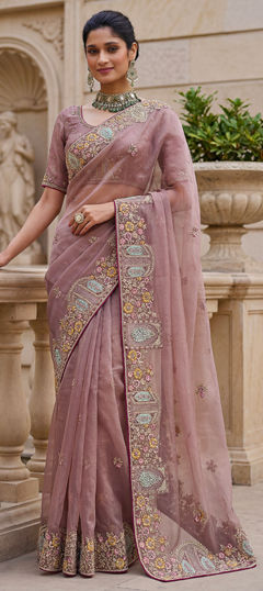 Pink and Majenta color Saree in Organza Silk fabric with Embroidered work