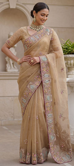 Beige and Brown color Saree in Organza Silk fabric with Embroidered work