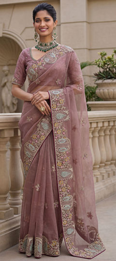Pink and Majenta color Saree in Organza Silk fabric with Embroidered work