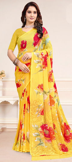 Yellow color Saree in Georgette fabric with Floral, Printed work