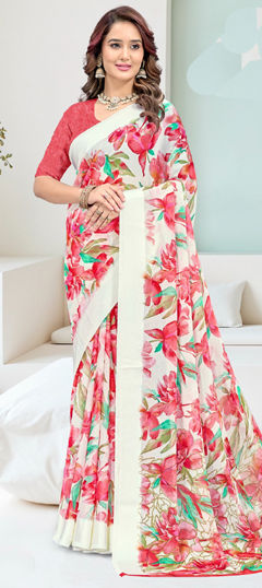 Pink and Majenta color Saree in Georgette fabric with Floral, Printed work