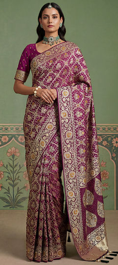 Pink and Majenta color Saree in Pashmina fabric with Weaving, Zari work