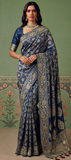 Blue color Saree in Pashmina fabric with Weaving, Zari work
