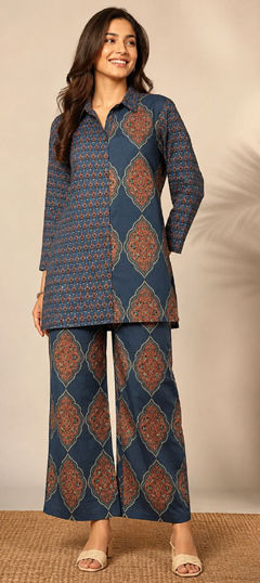 Blue color Co-ords Set in Cotton fabric with Floral, Printed work