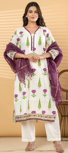 Purple and Violet, White and Off White color Salwar Kameez in Cotton fabric with Lace, Printed, Sequence, Zari work