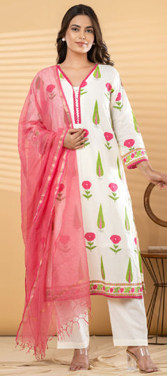 Pink and Majenta, White and Off White color Salwar Kameez in Cotton fabric with Lace, Printed, Sequence, Zari work