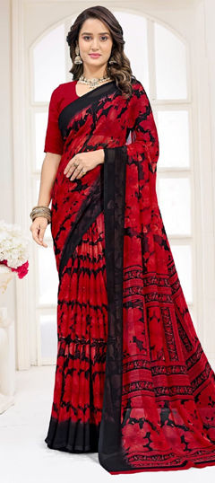 Red and Maroon color Saree in Georgette fabric with Floral, Printed work