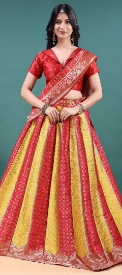Gold, Red and Maroon color Lehenga in Jacquard fabric with Weaving work