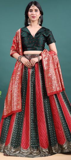 Green, Red and Maroon color Lehenga in Jacquard fabric with Weaving work