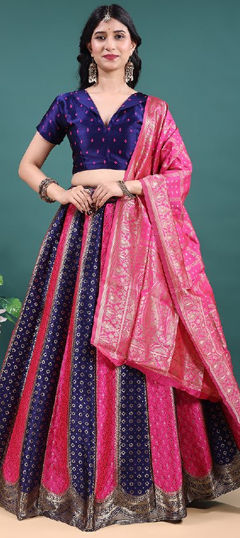 Blue, Pink and Majenta color Lehenga in Jacquard fabric with Weaving work