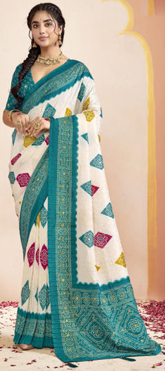 Blue, White and Off White color Saree in Silk fabric with Bandhej, Printed work