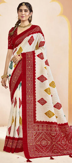 Red and Maroon, White and Off White color Saree in Silk fabric with Bandhej, Printed work