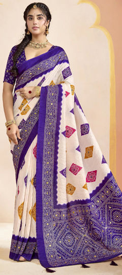 Purple and Violet, White and Off White color Saree in Silk fabric with Bandhej, Printed work