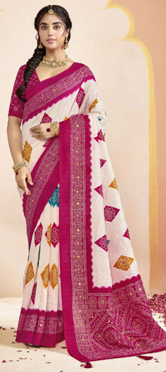 Pink and Majenta, White and Off White color Saree in Silk fabric with Bandhej, Printed work