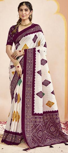 Purple and Violet, White and Off White color Saree in Silk fabric with Bandhej, Printed work