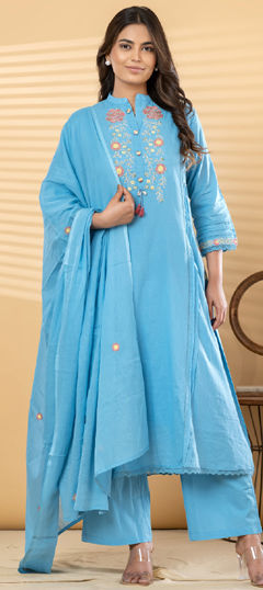Blue color Salwar Kameez in Cotton fabric with Cut Dana, Embroidered, Resham, Thread work