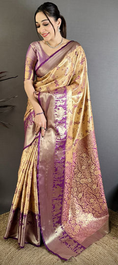 Beige and Brown color Saree in Kanjeevaram Silk fabric with Weaving work