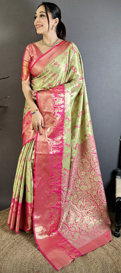 Green color Saree in Kanjeevaram Silk fabric with Weaving work