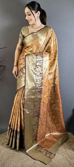 Beige and Brown color Saree in Kanjeevaram Silk fabric with Weaving work