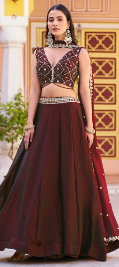 Red and Maroon color Lehenga in Tissue fabric with Embroidered, Sequence, Thread work