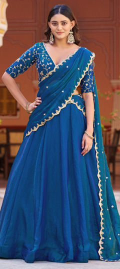 Blue color Lehenga in Tissue fabric with Embroidered, Sequence, Thread work