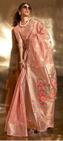 Pink and Majenta color Saree in Tissue fabric with Weaving, Zari work
