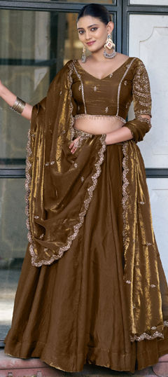 Beige and Brown color Lehenga in Tissue fabric with Embroidered, Sequence, Thread work