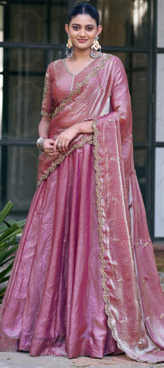 Pink and Majenta color Lehenga in Tissue fabric with Embroidered, Sequence, Thread work