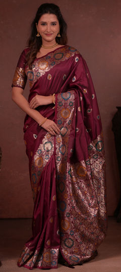 Red and Maroon color Saree in Art Silk fabric with Weaving work