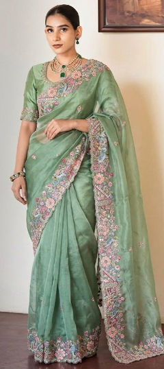 Green color Saree in Silk fabric with Embroidered work