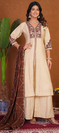 White and Off White color Salwar Kameez in Roman fabric with Embroidered, Sequence, Thread work