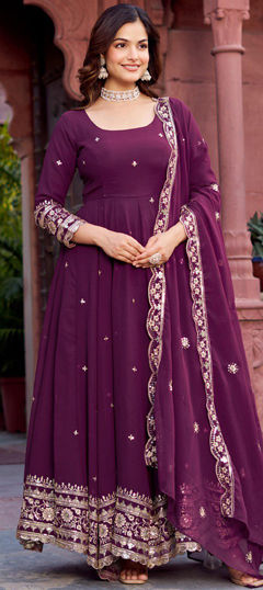 Purple and Violet color Salwar Kameez in Faux Georgette fabric with Sequence, Thread work