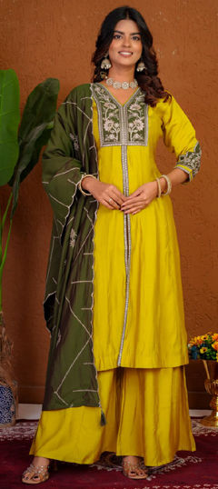 Yellow color Salwar Kameez in Roman fabric with Embroidered, Sequence, Thread work